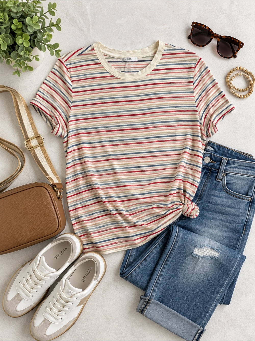 Casual Striped Short Sleeve Tee in Cream with Red and Blue 24/7 Maurices